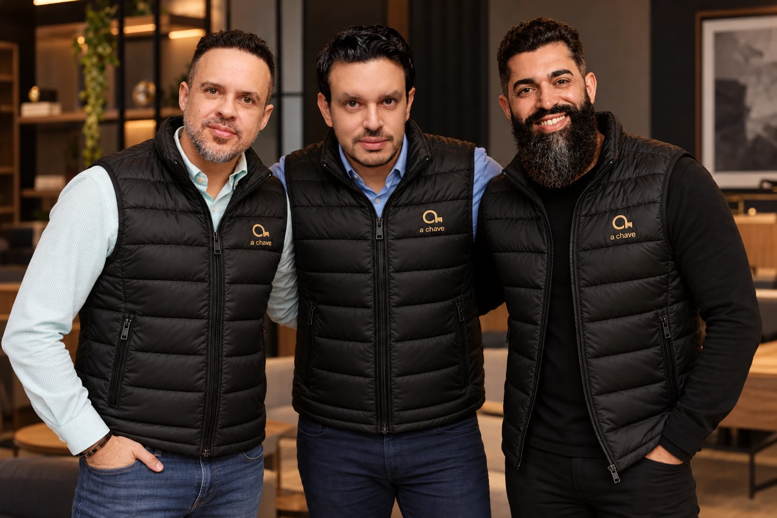 Os três condutores da A Chave juntos, com coletes da marca.
